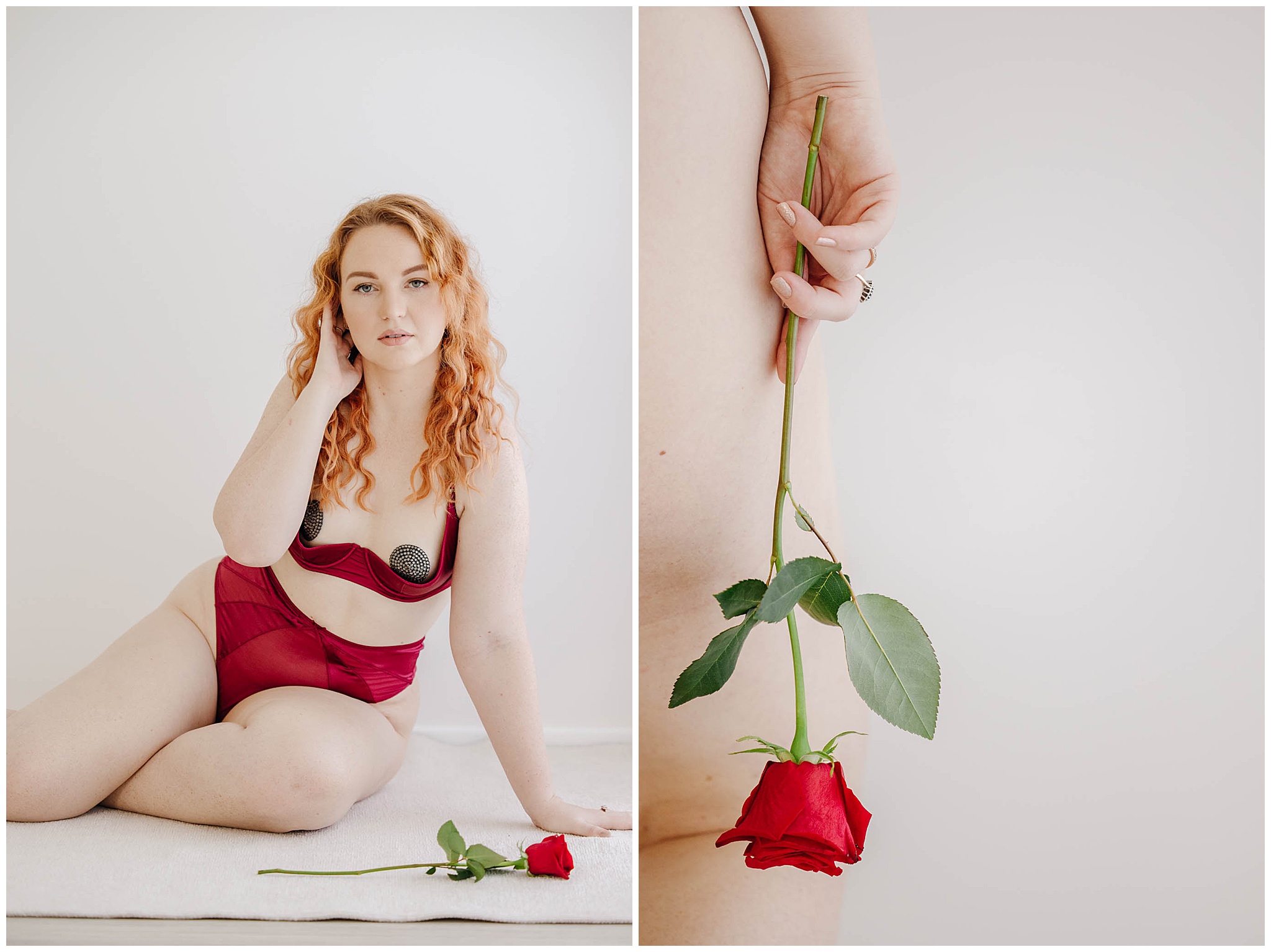 Red haired women posed for boudoir session